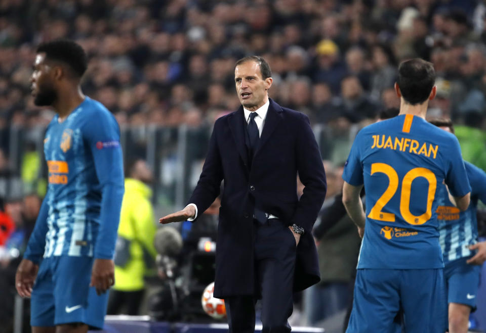 Juventus coach Massimiliano Allegri gestures during the Champions League round of 16, 2nd leg, soccer match between Juventus and Atletico Madrid at the Allianz stadium in Turin, Italy, Tuesday, March 12, 2019. (AP Photo/Antonio Calanni)