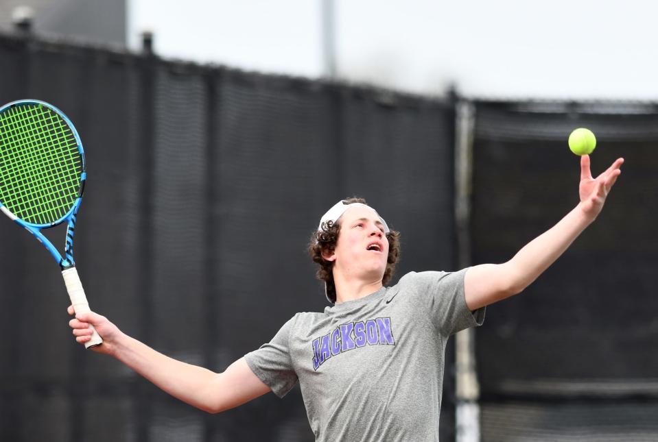 Jackson's No. 1 seed Alvin Altman plays Hoover's Colin Fitzgerald in Federal League Tennis at Jackson Community Courts.  Saturday, April 30, 2022.