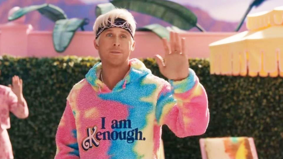 ryan gosling as ken wearing i am kenough hoodie, barbie movie