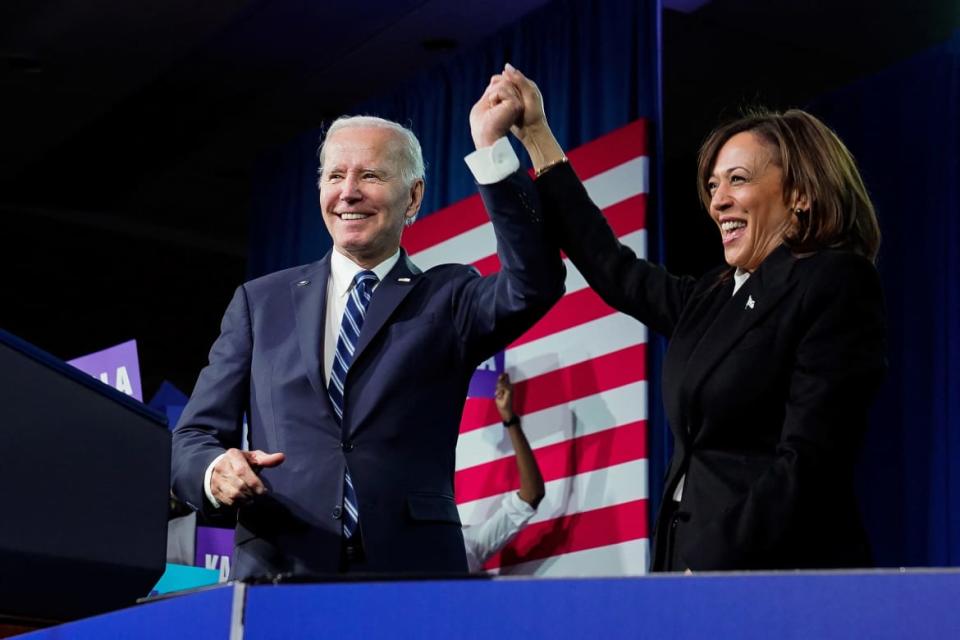 <div class="inline-image__caption"><p>Joe Biden and Vice President Kamala Harris stand on stage together after delivering remarks at the DNC 2023 Winter Meeting in Philadelphia, Pennsylvania, on February 3, 2023.</p></div> <div class="inline-image__credit">REUTERS/Elizabeth Frantz</div>