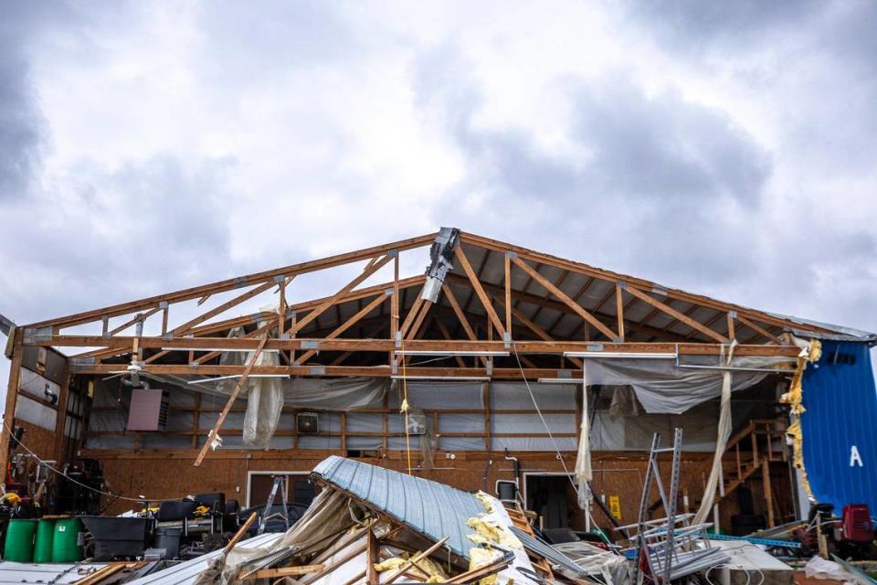 Multiple businesses and buildings in an industrial park off Park Central Avenue in Jessamine County were heavily damaged by high winds on Tuesday, April 2, 2024. The National Weather Service confirmed an EF-1 tornado touched down in the county. Ryan C. Hermens/rhermens@herald-leader.com