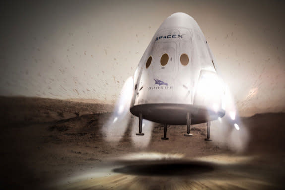 Artist’s illustration showing SpaceX's Dragon spacecraft landing on Mars.