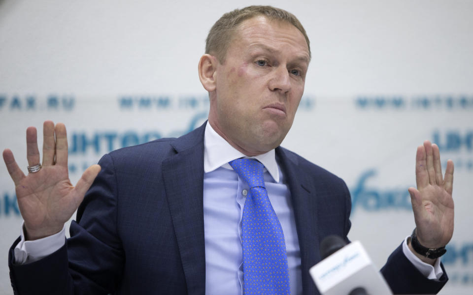 FILE - Andrei Lugovoi reacts during a press conference in Moscow, Russia, on March 12, 2013. Russia has a history of giving former agents their own TV shows. In 2011, Anna Chapman, a former Russian sleeper agent in the U.S. who was exchanged in the same spy swap as Sergei Skripal, was given her own TV show, “Chapman’s Secrets.” And in 2014, Andrei Lugovoi anchored the TV show ‘traitors,’ about Soviet spies who betrayed their motherland. Lugovoi is wanted in the UK over involvement in the death of former Russian spy Alexander Litvinenko who died in London in 2006 after being poisoned with tea laced with radioactive polonium-210. (AP Photo/Misha Japaridze)