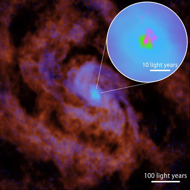 The distributions of carbon monoxide, atomic carbon, hydrogen cyanide and the hydrogen recombination line around an active galactic nucleus powered by a feeding black hole.