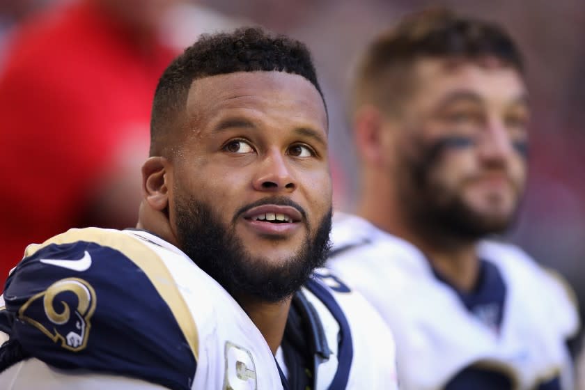 GLENDALE, ARIZONA - DECEMBER 01: Defensive tackle Aaron Donald #99 of the Los Angeles Rams.