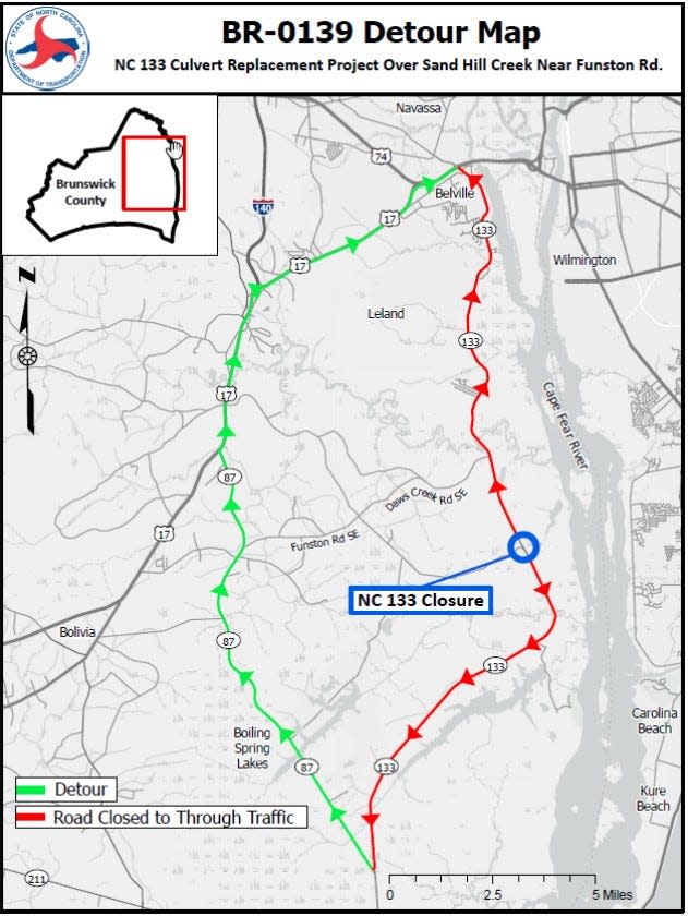 Crews with the North Carolina Department of Transportation will have to close a portion of N.C. 133 and Funston Road at the N.C. 133 intersection. Motorists who need to travel this route will need to take the detour along N.C. 87 to U.S. 17.