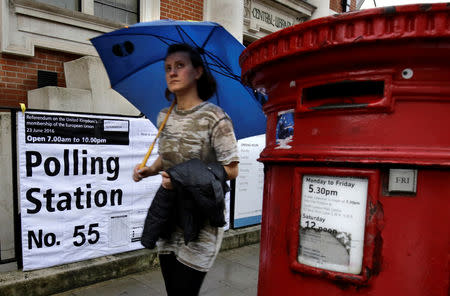 FILE PHOTO - A woman carrying an umbrella during heavy rainfall walks past a polling station and a mail box, on the day of the EU referendum, in West London, Britain June 23, 2016. REUTERS/Kevin Coombs