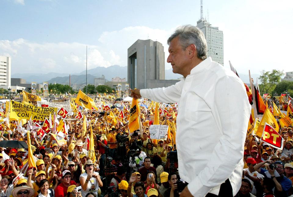 Democratic Revolution Party (PRD) presidential candidate Andrés Manuel López Obrador waves during a rally in Monterrey, Mexico, Monday, June 19, 2006.