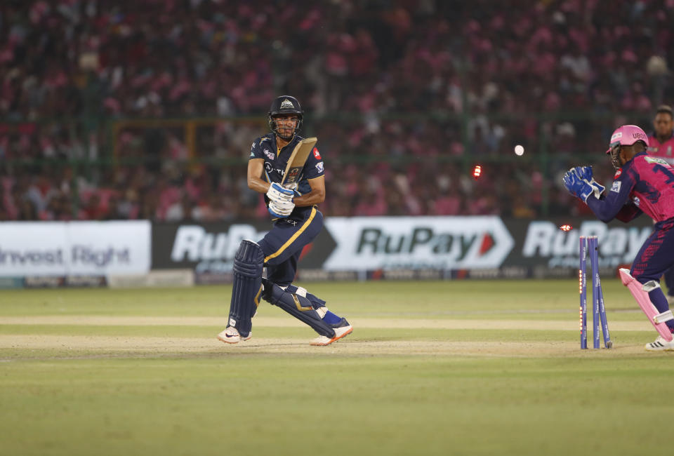 Gujarat Titans' Shubman Gill is dismissed during the Indian Premier League (IPL)cricket match between Rajasthan Royals and Gujarat Titans in Jaipur, India, Friday, May 5, 2023. (AP Photo/Surjeet Yadav)