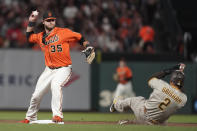 San Francisco Giants shortstop Brandon Crawford (35) throws to first base after forcing out San Diego Padres' Trent Grisham (2) at second on a double play hit into by Adam Frazier during the third inning of a baseball game in San Francisco, Friday, Oct. 1, 2021. (AP Photo/Jeff Chiu)