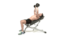 <p>Lie on an incline bench at 30° (it’s a smart investment), dumbbells above your shoulders . Lower to your chest, then press back up.</p>