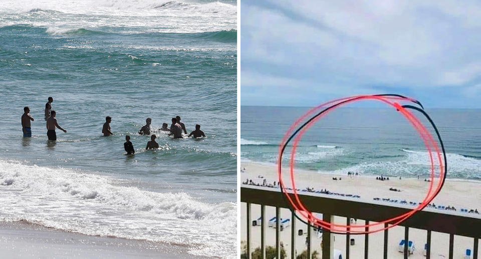 Men swimming at beach; Rip current circled in photo of beach