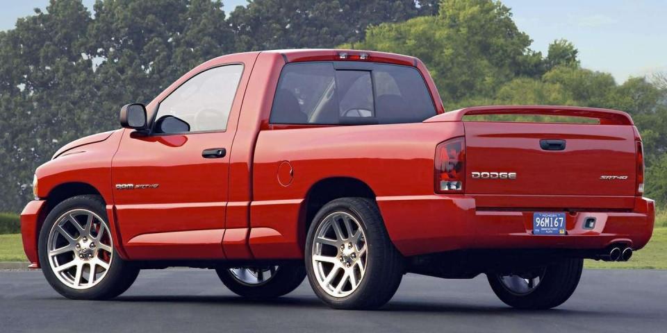 <p>Stick a 500-HP V-10 from the Viper in a pickup truck? Why not? The <a href="https://www.roadandtrack.com/car-culture/a28643/the-dodge-ram-srt-10-was-the-first-hellcat/" rel="nofollow noopener" target="_blank" data-ylk="slk:RAM SRT-10;elm:context_link;itc:0;sec:content-canvas" class="link ">RAM SRT-10</a> is puzzling, but we're very happy it exists. If only Dodge would do it again. <a href="https://www.ebay.com/itm/2005-Dodge-Ram-1500-srt-10/303614662836?hash=item46b0d818b4:g:9bkAAOSwyEpfATgY" rel="nofollow noopener" target="_blank" data-ylk="slk:Here's a six-speed example;elm:context_link;itc:0;sec:content-canvas" class="link ">Here's a six-speed example</a> that's on sale right now. </p>