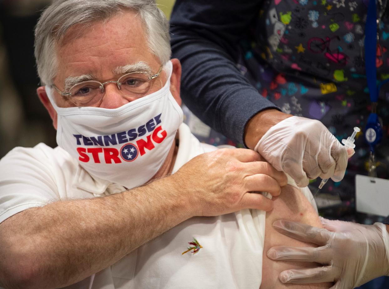 Then-Mayor John Cooper receives his second dose of the Pfizer COVID-19 vaccine at Music City Center Friday, April 2, 2021, in Nashville, Tenn.