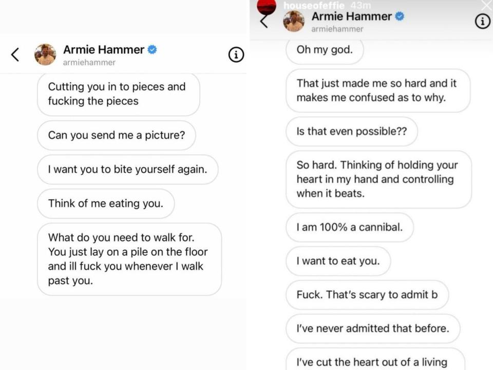 爆料者在網上公開艾米漢默表示自己是食人主義者的訊息，震驚網路及娛樂圈。（翻攝網路）