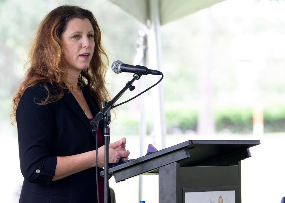 Leon County Commissioner Kristin Dozier speaks at the Collins Building in Innovation Park where it was announced that the U.S. Department of Commerce is awarding a $10.2 million grant to the Leon County Research and Development Authority which will help fund a new 40,000 square-foot, high-tech business incubator Thursday, Sept. 17, 2020.