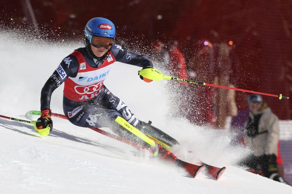 United States' Mikaela Shiffrin speeds down the course during an alpine ski, women's World Cup slalom, in Are, Sweden, Saturday, March 11, 2023. (AP Photo/Alessandro Trovati)
