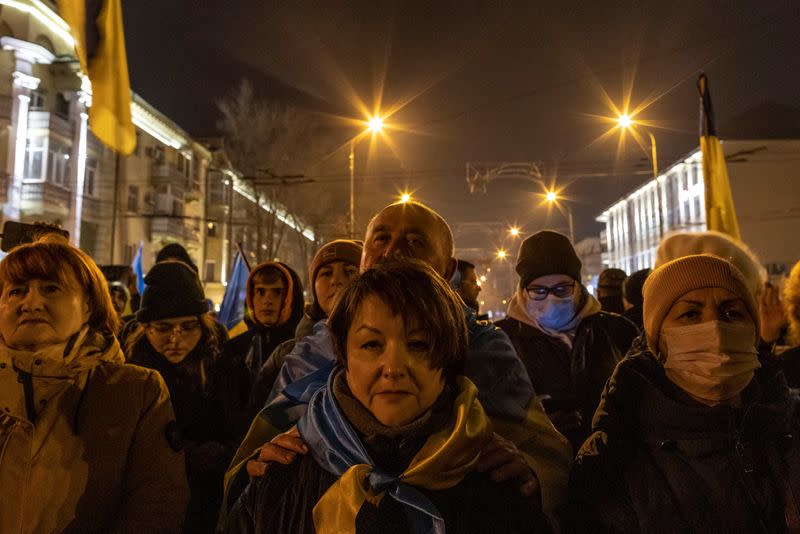 Rally to protest after Moscow's decision to formally recognize two Russian-backed regions of eastern Ukraine as independent at the industrial city of Mariupol