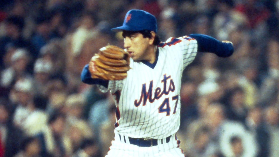 Jesse Orosco pitching against the Red Sox in the 9th inning during Game 7 of the World Series at Shea Stadium Oct. 27, 1986. Mets Vs Red Sox 1986 World Series