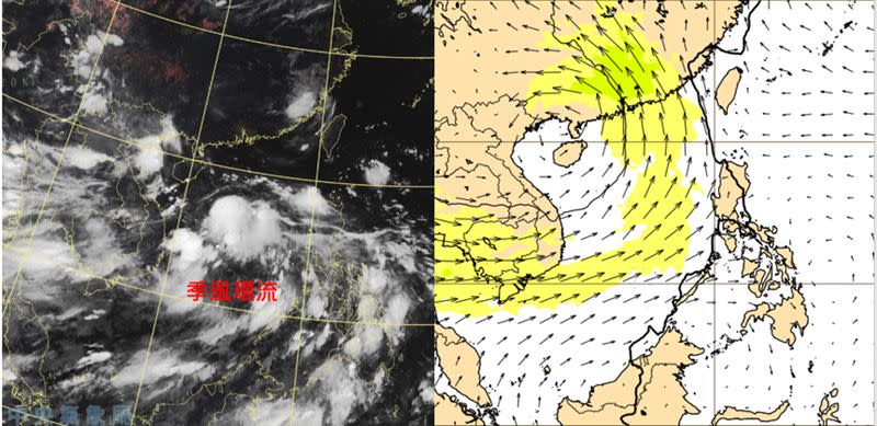 圖：7日4時晨真實色雲圖(左圖)顯示，「季風環流」(monsoon gyre) 在南海逐漸成形。6日20時歐洲模式(ECMWF)850百帕風場模擬圖顯示，週三(10日)20時「熱帶擾動」已在雷州半島附近(右圖)。