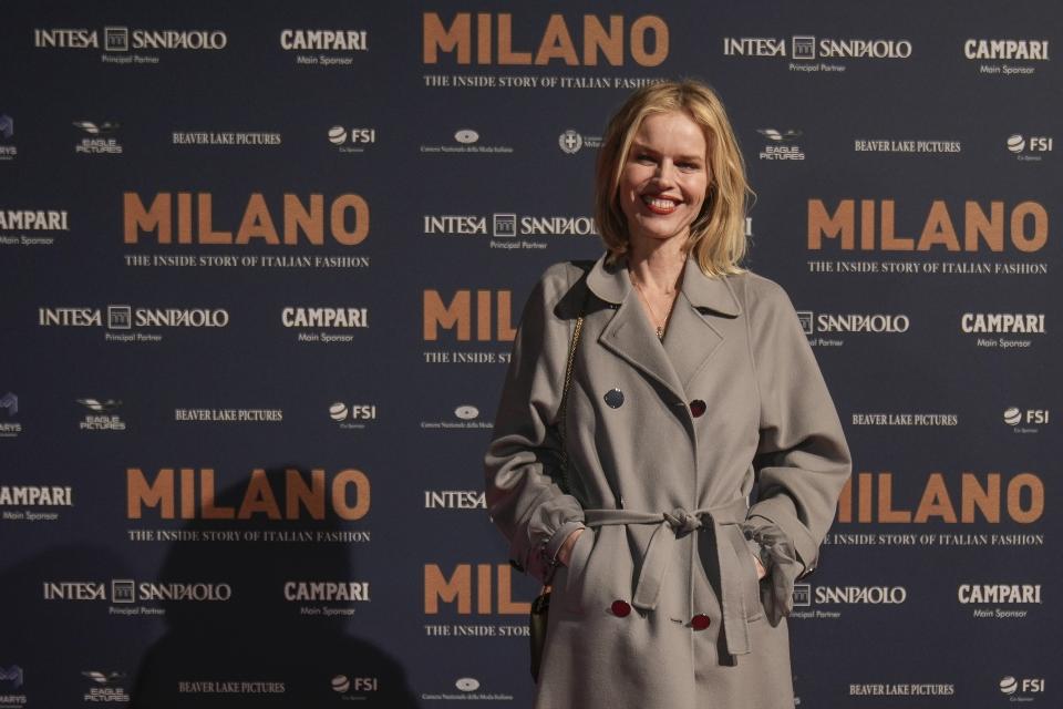 Eva Herzigova poses for photographers upon arrival for the premiere of the film 'Milano, the inside story of Milan Fashion' in Milan, Italy, Sunday, Feb. 26, 2023. (AP Photo/Luca Bruno)
