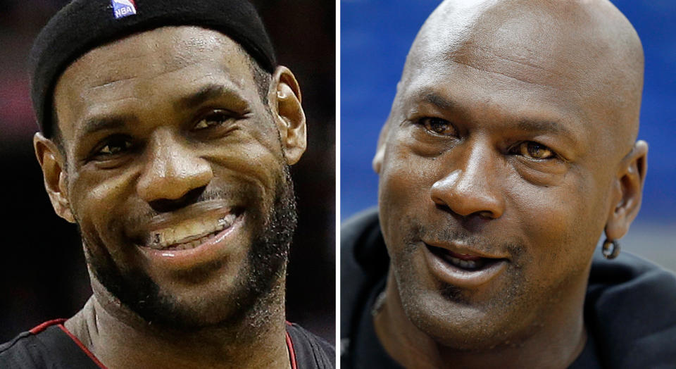 FILE - At left is a June 16, 2013 file photo showing LeBron James. At right is an Oct. 2, 2012 file photo showing Michael Jordan. Jordan believes he could beat James in a one-on-one basketball game when he was in his prime. In a video promoting the NBA 2K14 video game that is being released Tuesday, Oct. 1, 2013, Jordan said there's a long list of players he would've liked to have played one-on-one.