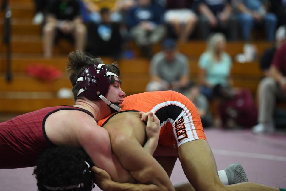 Lake Gibson's Chrisitan Fretwell competes in a match vs. Leesburg's Zavier Pennington. Fretwell won a regional title after a 21-6 technical fall Saturday, Feb. 25, at Brandon High School.