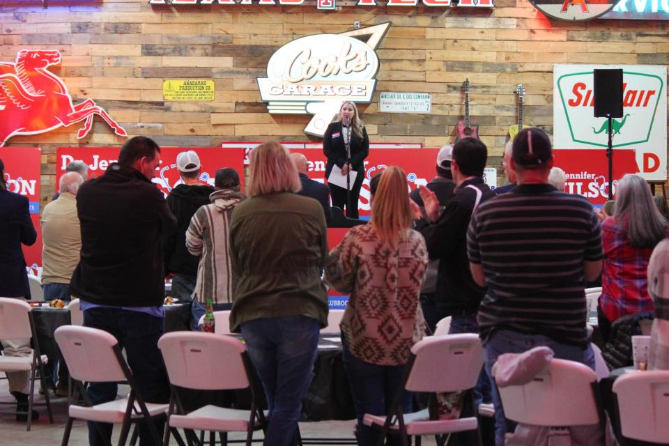 Lubbock physician Dr. Jennifer Wilson announced her campaign for Lubbock City Council District 5 to a standing ovation at a rally at Cook's Garage on Friday, Feb. 18, 2022.