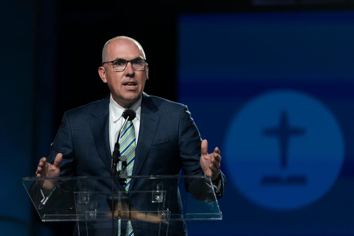 Pastor Bart Barber, a presidential candidate of the Southern Baptist Convention, speaks during its annual meeting in Anaheim, Calif., Tuesday, June 14, 2022. (AP Photo/Jae C. Hong)