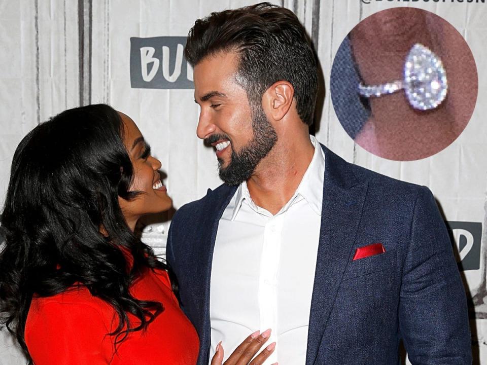 A photo of Rachel Lindsay and Bryan Abasolo with an inset of her engagement ring.