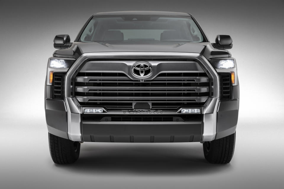 This photo provided by Toyota shows the 2022 Toyota Tundra Limited. Toyota is dumping the big V8 engine in the latest redesign of its Tundra full-size pickup truck, a bold move in a market that likes big, powerful engines. The 381 horsepower, 5.7-liter V8 will be replaced by a base 389 horsepower 3.5-liter twin-turbo V6. (Toyota via AP)