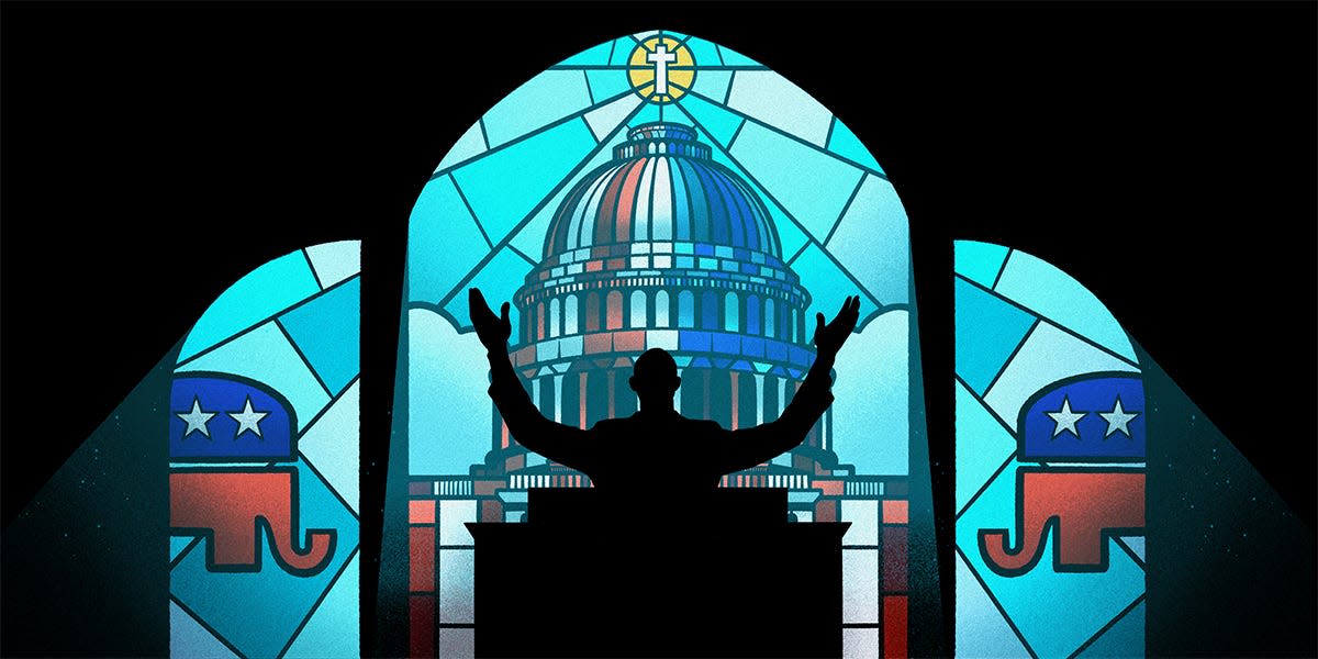 A stained glass mural made to look like the capitol building in a religious setting with republican logos on the sides