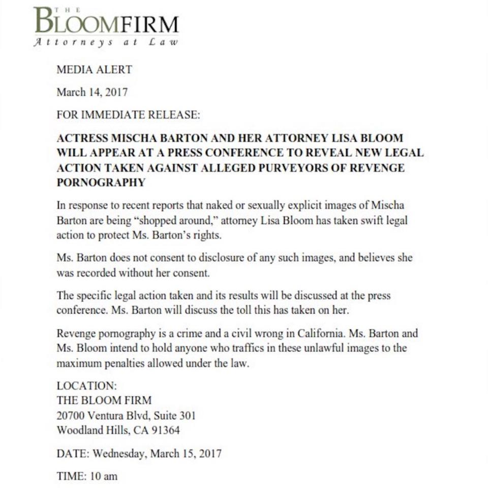 Lisa told reporters that the restraining order forbids the defendant from distributing, showing, giving or selling them (Copyright: Twitter/LisaBloom)