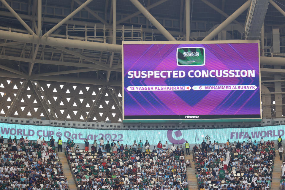 An LED board shows the suspected concussion message during a World Cup match between Argentina and Saudi Arabia on Nov. 22, 2022. (Photo by Catherine Ivill/Getty Images)