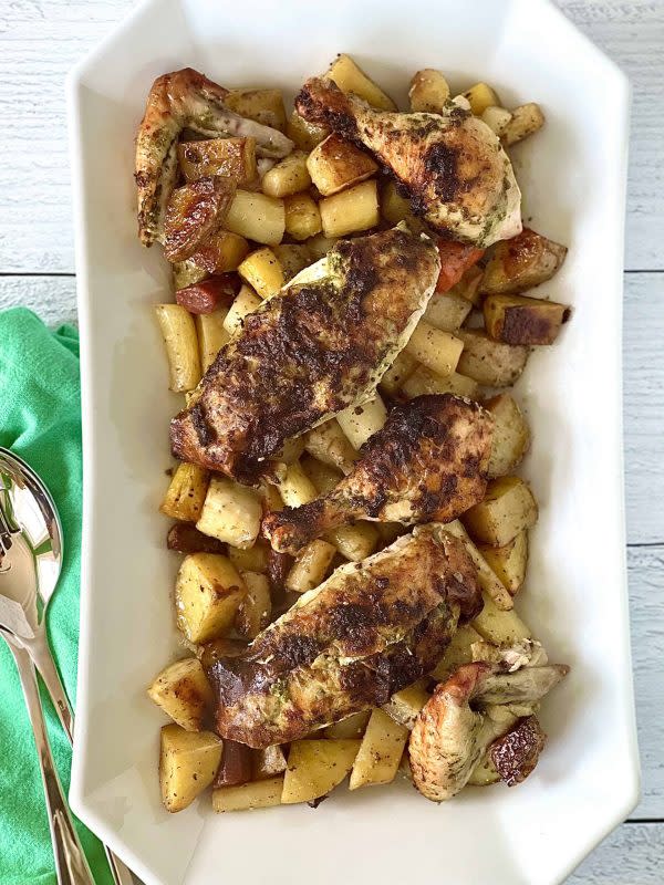 <p>Paleo Gluten-Free Guy</p><p>Pesto Roast Chicken with Potatoes and Carrots needs just one pan and 5 ingredients, yet it's packed with so much flavor! The veggies soak up all the pesto juices for an easy dinner the whole family will love.</p><p><strong>Get the recipe: <a href="https://paleoglutenfreeguy.com/pesto-roast-chicken-with-potatoes-and-carrots/" rel="nofollow noopener" target="_blank" data-ylk="slk:Pesto Roast Chicken with Potatoes and Carrots;elm:context_link;itc:0;sec:content-canvas" class="link ">Pesto Roast Chicken with Potatoes and Carrots</a></strong></p>