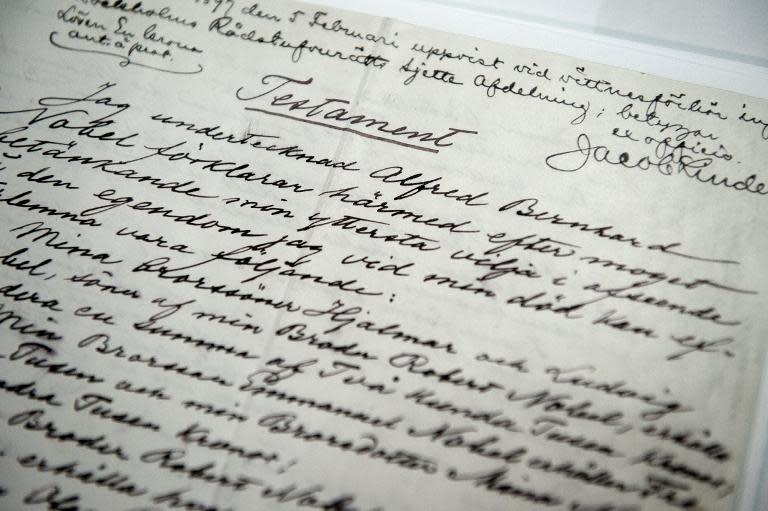 The last will and testament of Swedish scientist Alfred Nobel is displayed on March 12, 2015 prior to the opening of the exhibition "Legacy" at the Nobel Museum in Stockholm, Sweden