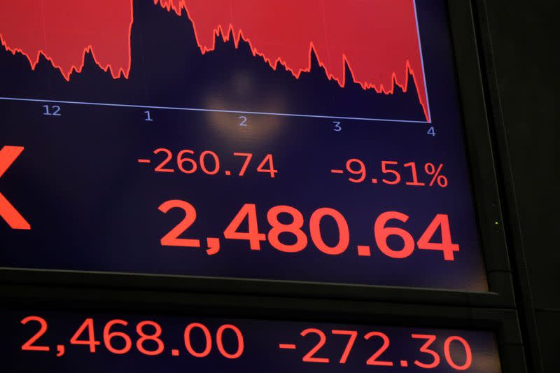 A price screen display is seen above the floor of the New York Stock Exchange (NYSE) after the close of trading in New York