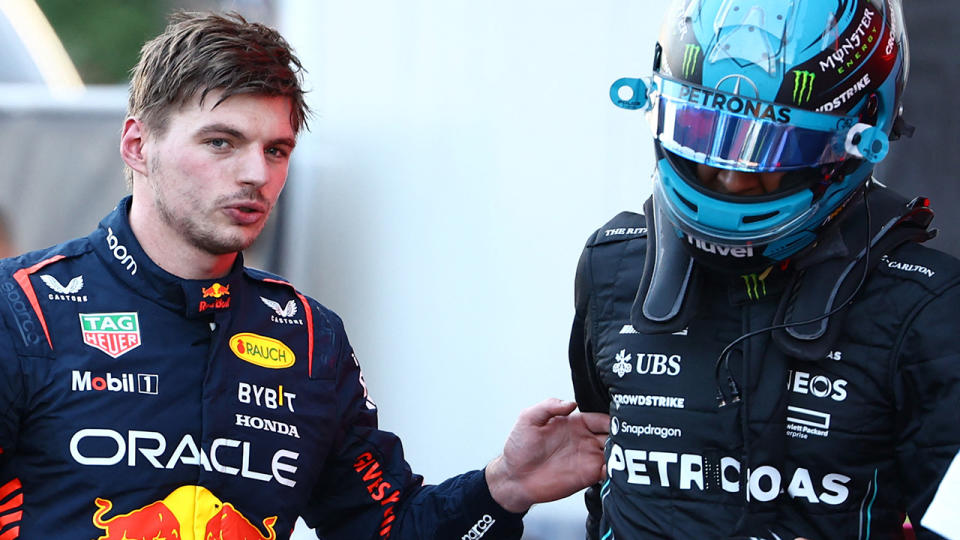 Max Verstappen speaks to George Russell after the Azerbaijan GP sprint race.