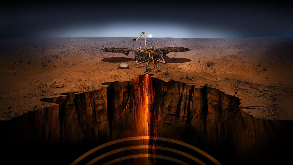 An illustration of NASA's InSight Rover using its SEIS instrument to detect marsquakes.