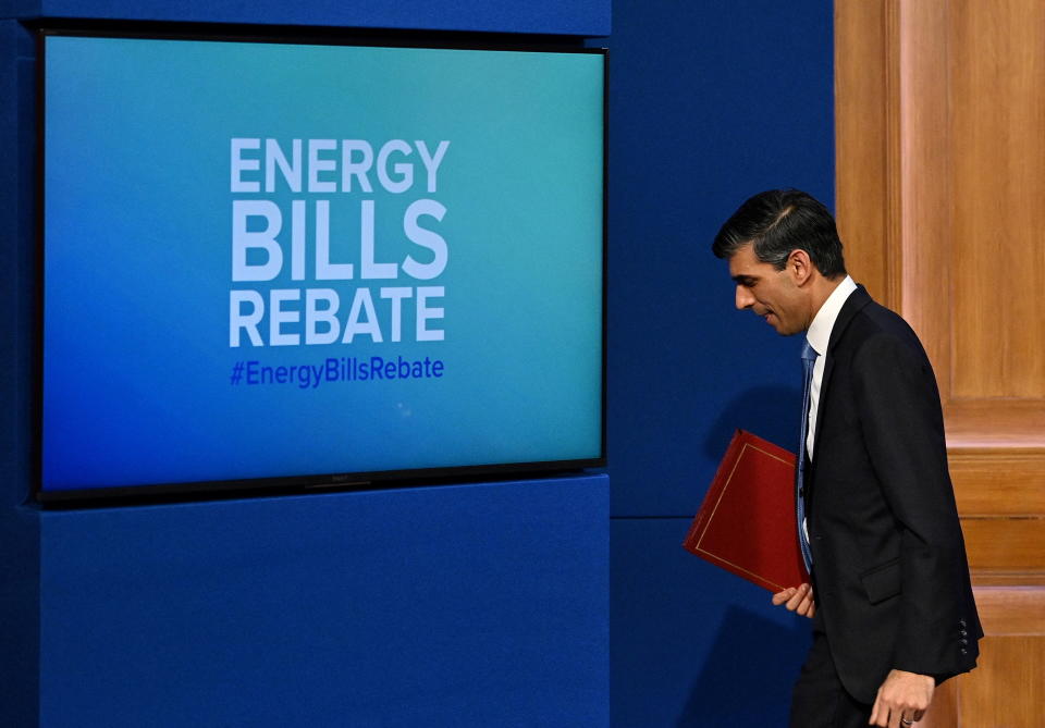 Britain's Chancellor of the Exchequer Rishi Sunak leaves after hosting a news conference in the Downing Street Briefing Room in London, Britain February 3, 2022. Justin Tallis/Pool via REUTERS