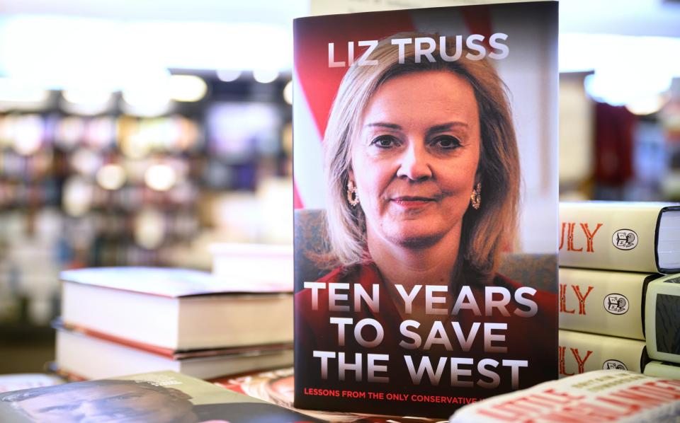 A copy of "Ten Years To Save The West" by Liz Truss is seen in a branch of the Waterstones book store