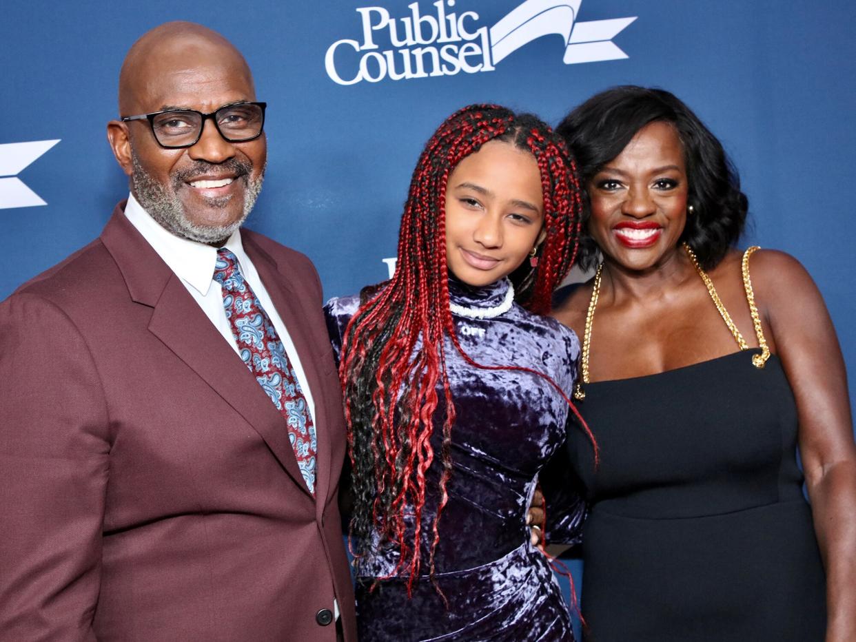 Julius Tennon, Genesis Tennon and Viola Davis attend the Public Counsel's Annual William O. Douglas Award Dinner Celebrating Viola Davis at The Beverly Hilton on December 11, 2022 in Beverly Hills, California