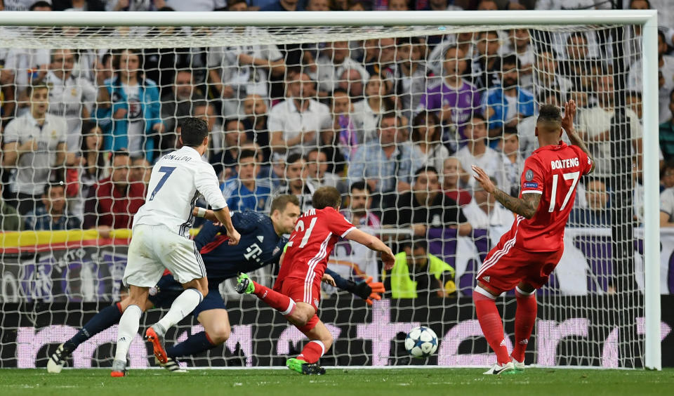 Ronaldo heads home against Bayern Munich in 2017. (Credit: Getty Images)