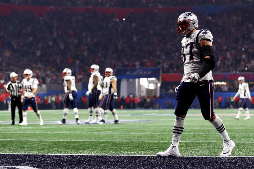 Rob Gronkowski #87 of the New England Patriots in the end zone during Super Bowl LIII against the Los Angeles Rams