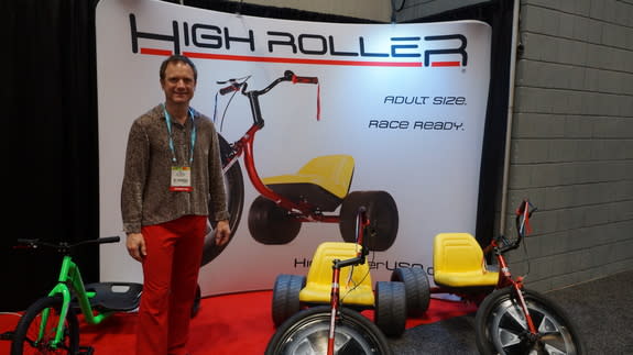 Matt Armbruster, designer and CEO for High Roller, at the 2015 Toy Fair. High Roller makes and sells adult-sized, low-rider tricycles.
