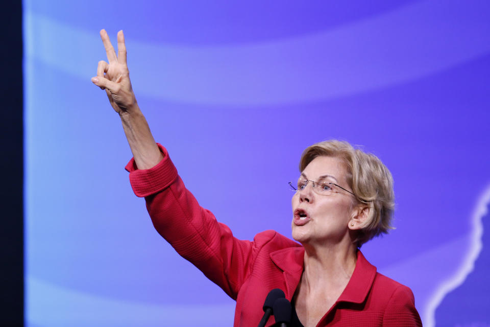 Democratic presidential candidate Sen. Elizabeth Warren, D-Mass., speak at the New Hampshire state Democratic Party convention, Saturday, Sept. 7, 2019, in Manchester, NH. (AP Photo/Robert F. Bukaty)