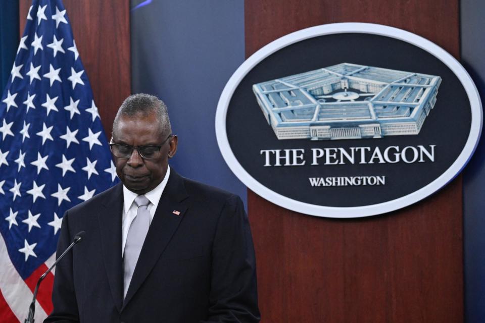 PHOTO: Defense Secretary Lloyd Austin pauses while speaking during a press conference at the Pentagon, Feb. 1, 2024, in Arlington, Va. (Andrew Caballero-Reynolds/AFP via Getty Images)