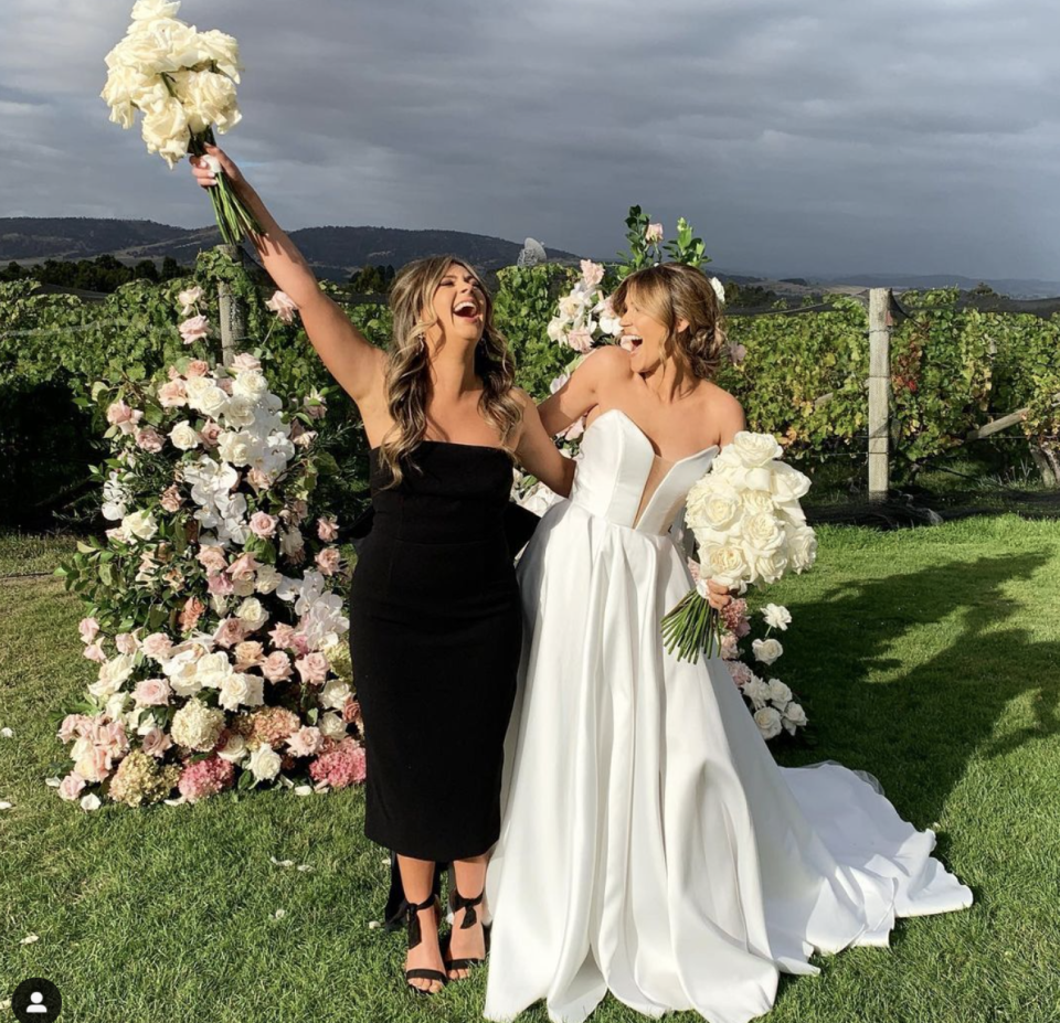 Georgia Love and her bridesmaid laughing