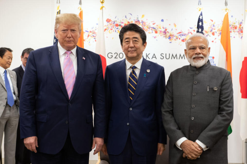 U.S President Donald Trump, Japan's Prime Minister, Shinzo Abe and India's Prime Minister, Narendra Modi, take part in a trilateral meeting on the first day of the G20 summit on June 28, 2019 in Osaka, Japan. | Carl Court—Getty Images