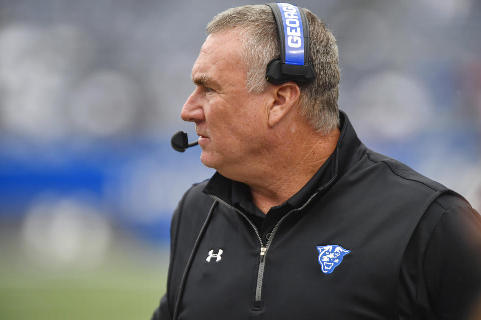 ATLANTA, GA - OCTOBER 29: Georgia State Panthers coach Shawn Elliott walks along the sideline during the third quarter of a college football game between the Old Dominion Monarchs and Georgia State Panthers at Center Parc Stadium on Saturday, October 29, 2022 in Atlanta, GA. (Photo by Austin McAfee/Icon Sportswire via Getty Images)